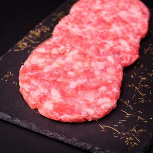 hamburguesas de cerdo ibérico, cebolla caramelizada y manzana ( 4 unidades 520gr aprox)